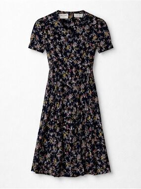 Vintage Karin Stevens Floral Short Sleeve Midi Dress Button Middle Puff Sleeve